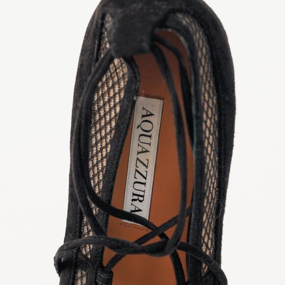 Aquazzura Dalia Black Suede & Mesh Ankle-Tie Ballet Flats - Picture 10 of 10